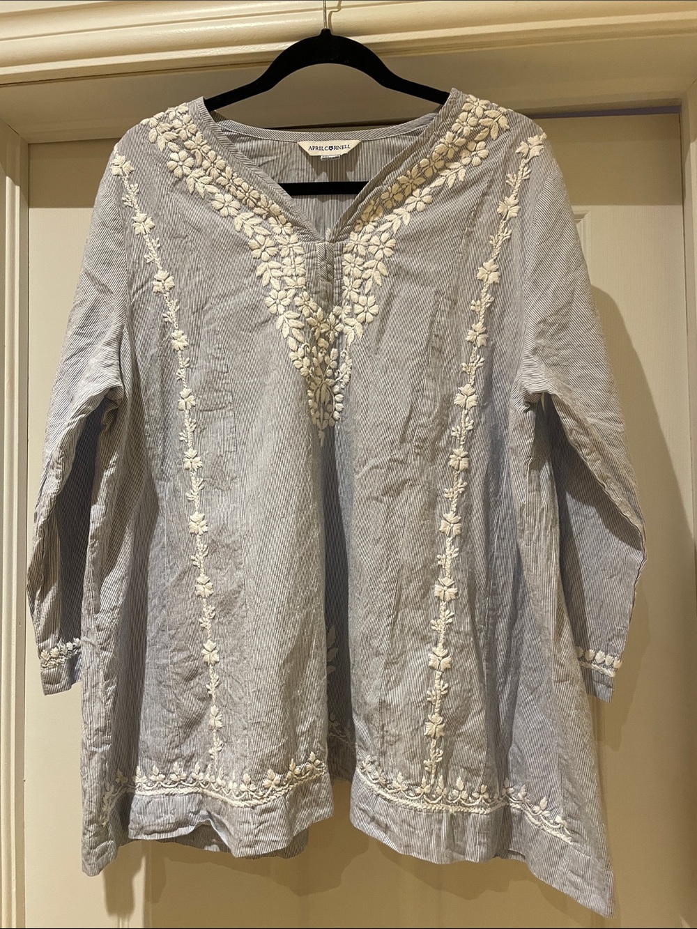 April Cornell Tunic Blue Striped Cotton Floral Embroidered Boho Chic XL